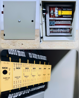 conjunto de imagens de um painel elétrico para adequação de máquinas industriais à NR-12, com CLP de segurança